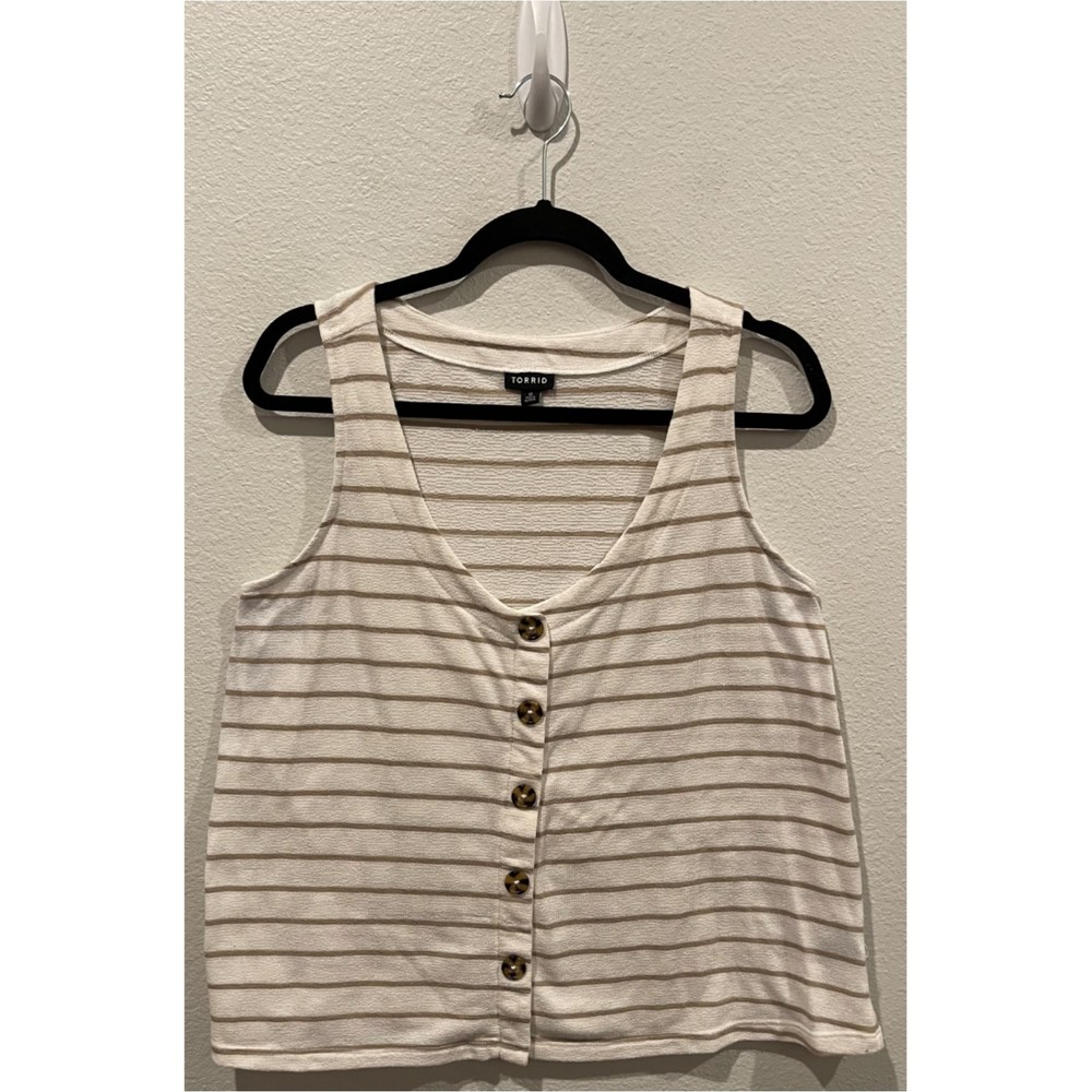 TORRID Stripe Button Ivory Taupe Sleeveless Blouse